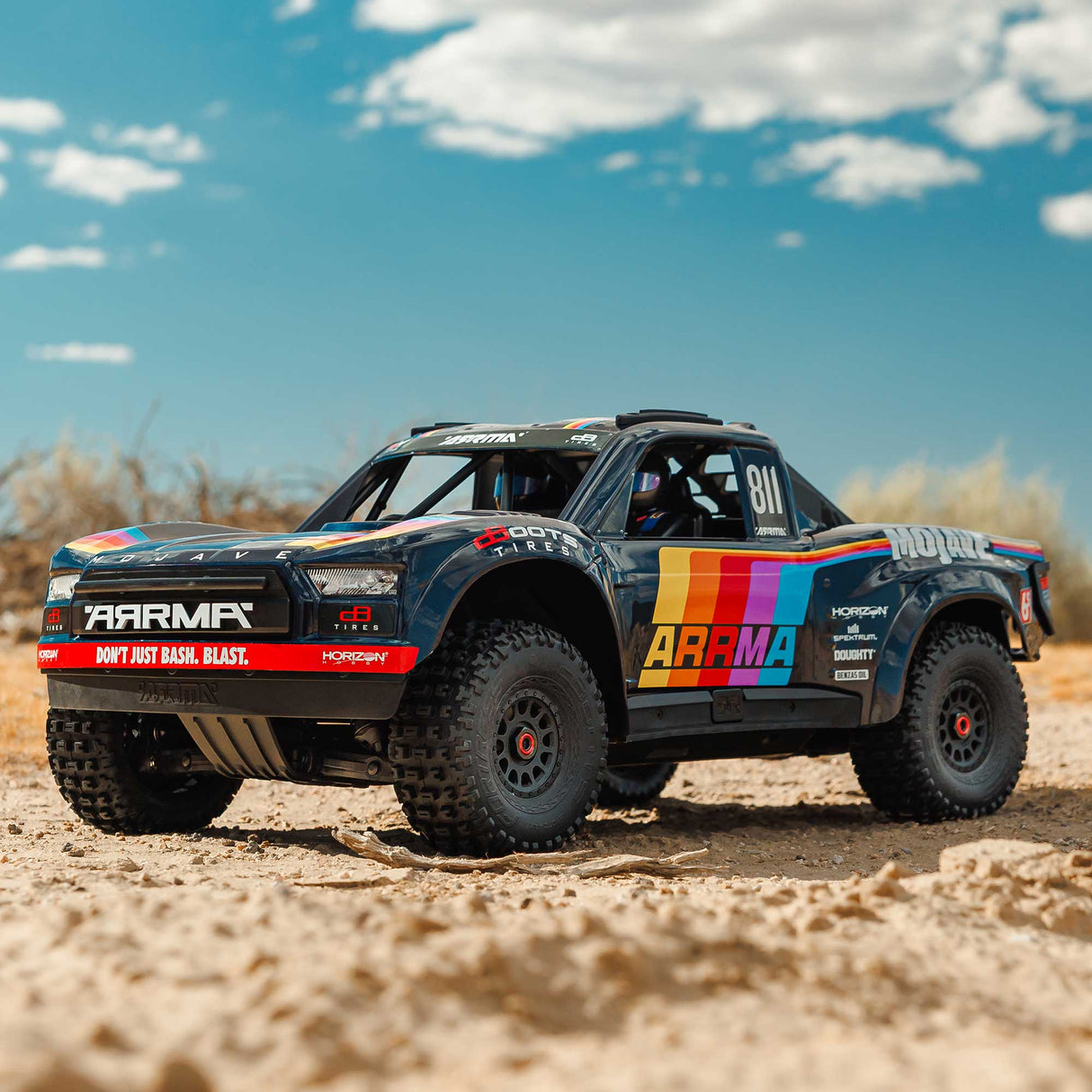 ARRMA MOJAVE 6S V3 Blue — body off, chassis top view
