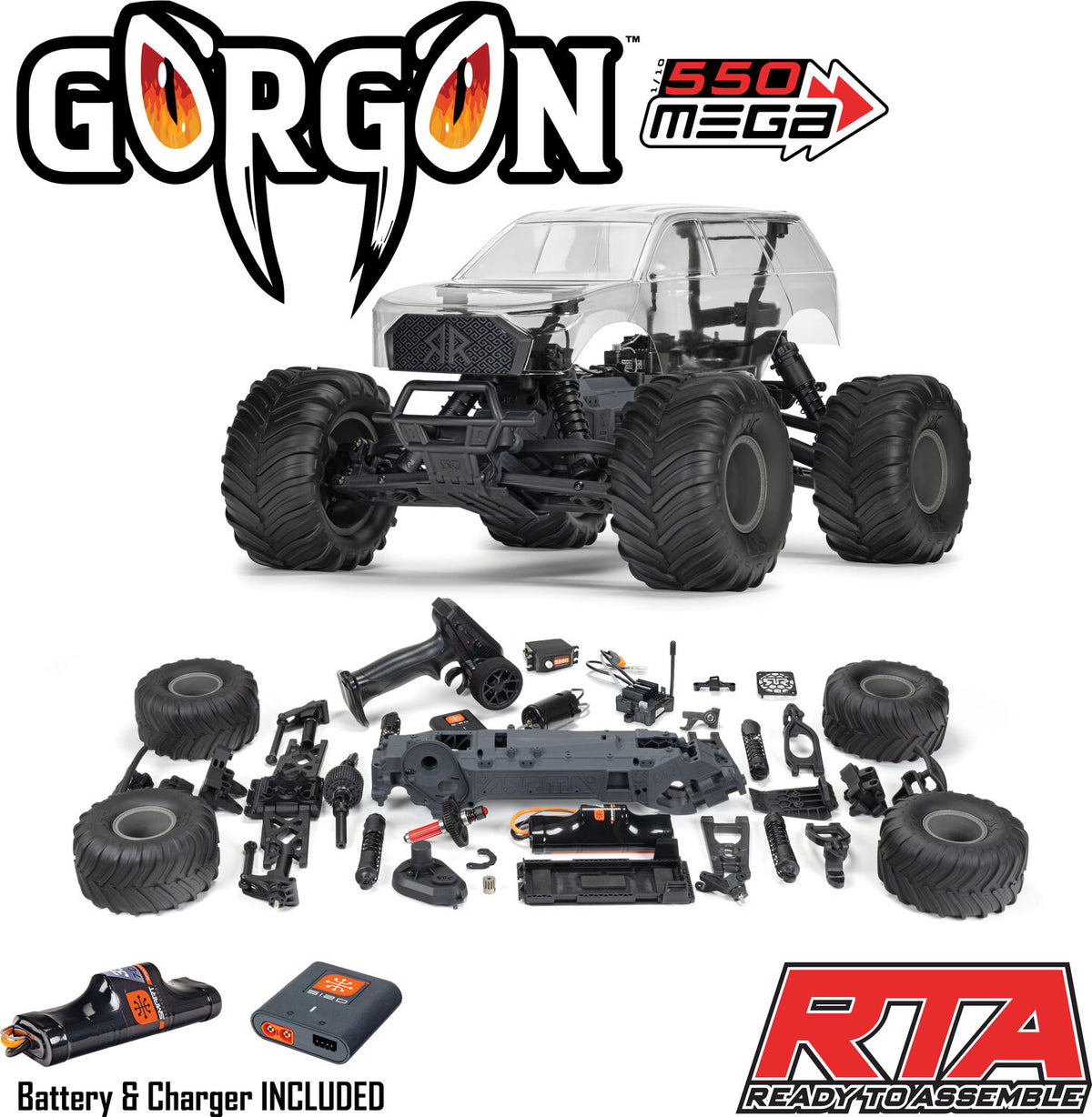 1/10 GORGON 2WD RTA Kit Brushed Monster Truck (Battery & Charger Included), Clear