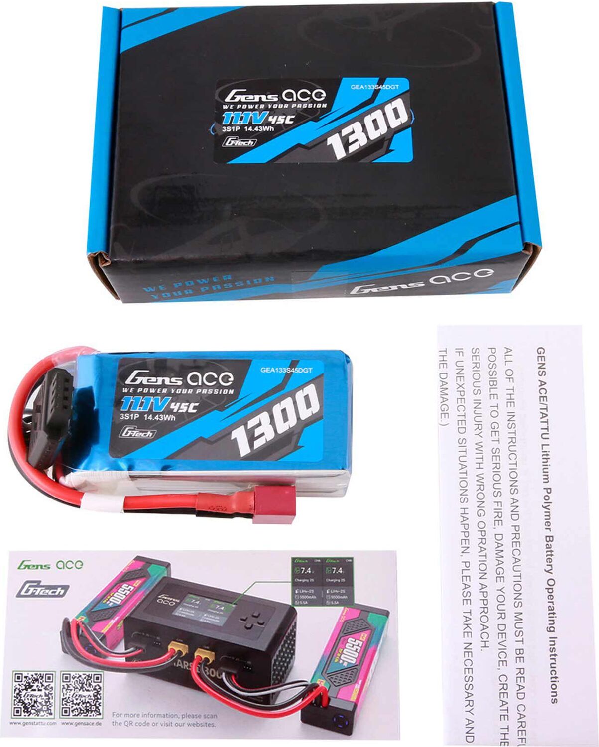 11.1V 1300mAh 3S 45C G-Tech LiPo Battery: Deans