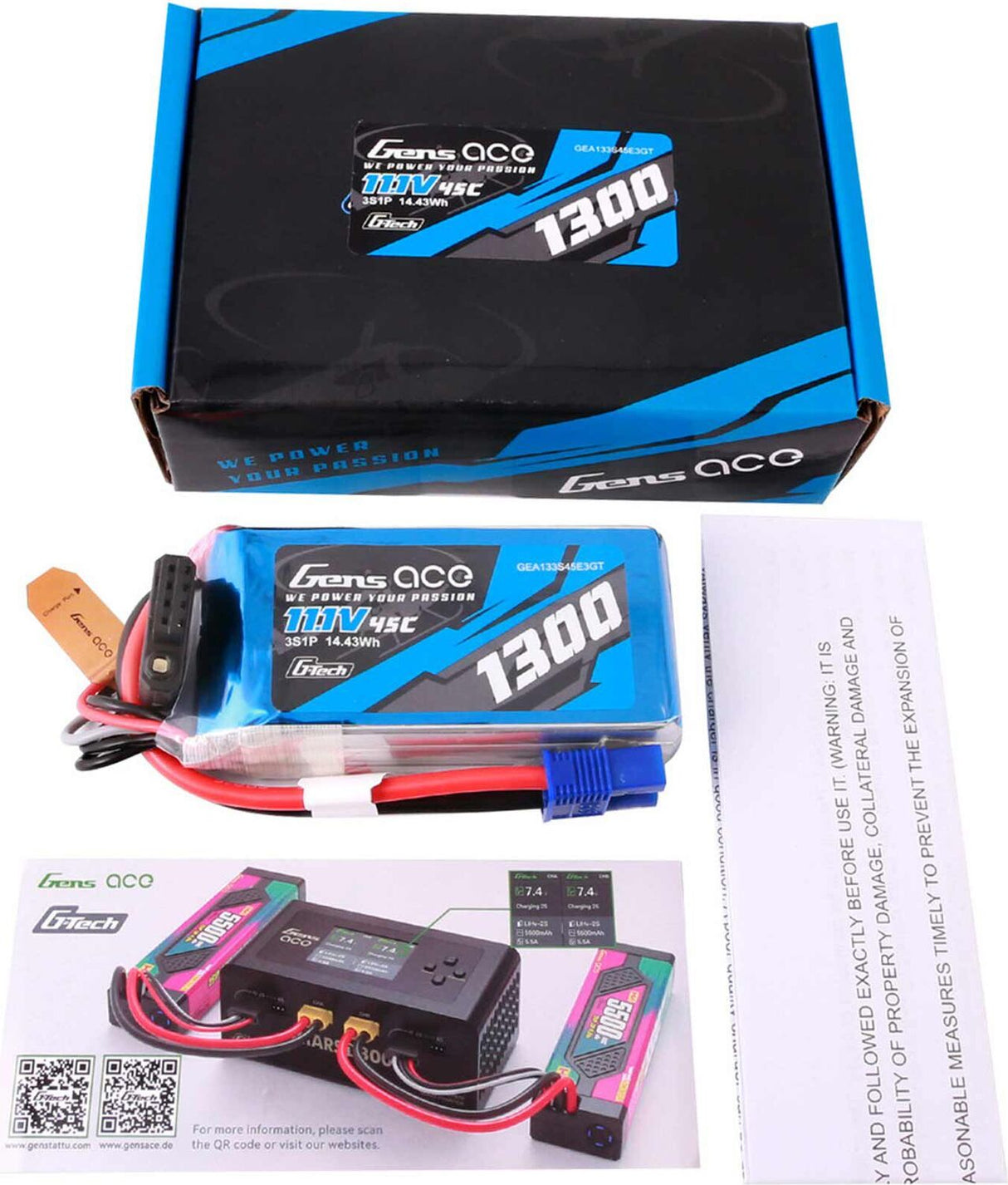 11.1V 1300mAh 3S 45C G-Tech LiPo Battery: EC3