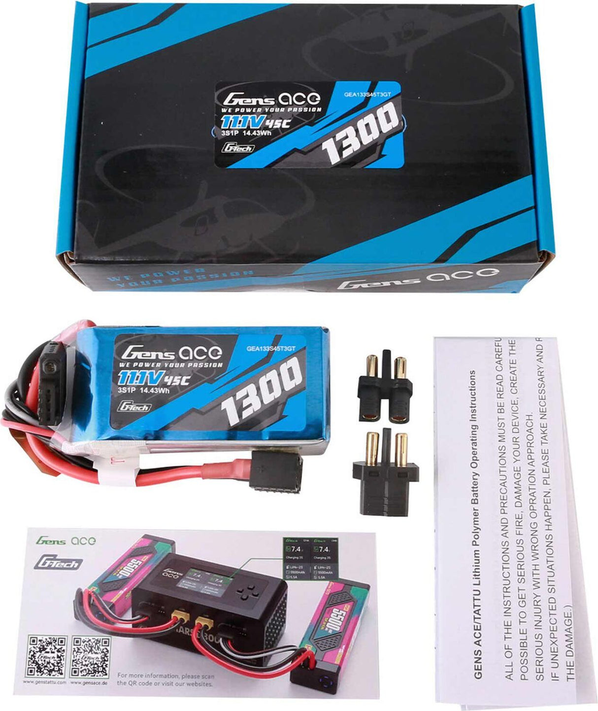 11.1V 1300mAh 3S 45C G-Tech LiPo Battery: EC3/ Deans