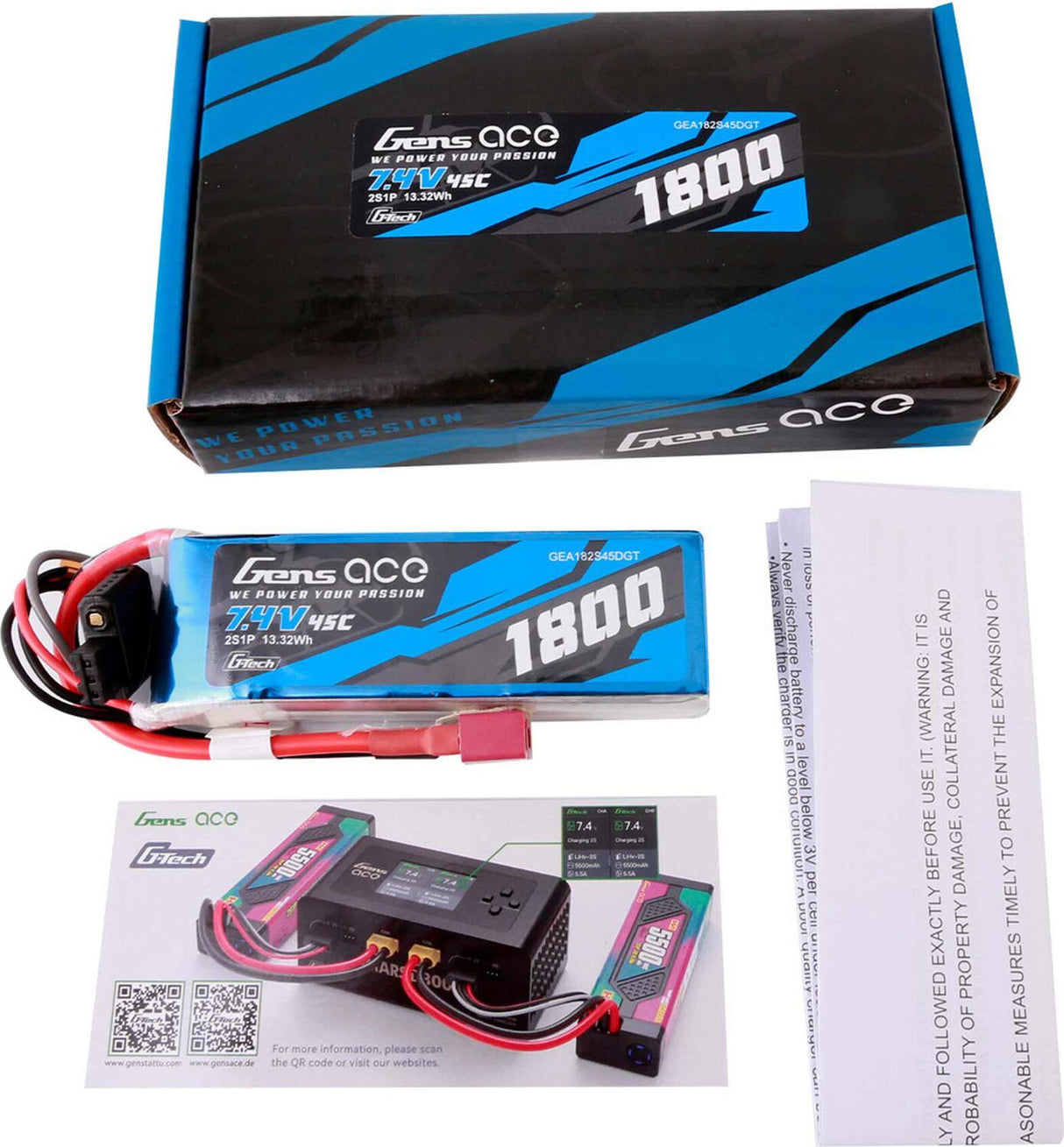 7.4V 1800mAh 2S 45C G-Tech LiPo Battery: Deans