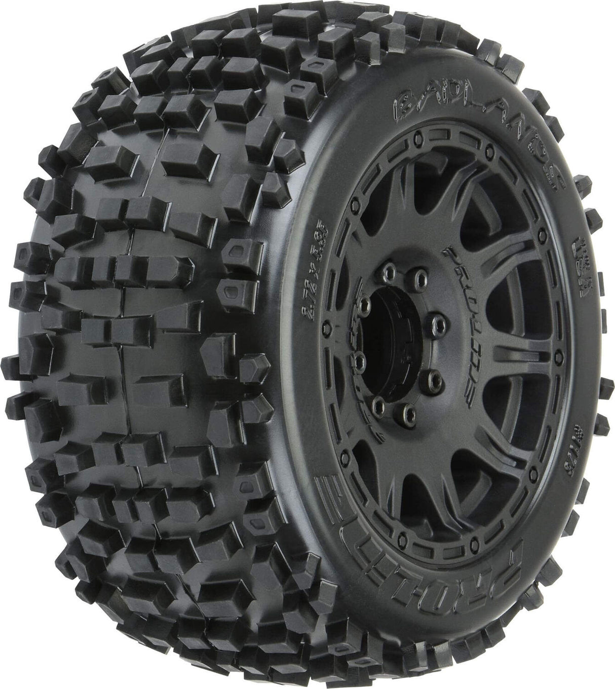 1/8 Badlands F/R 3.8" MT Tires Mounted 17mm Blk Raid (2)