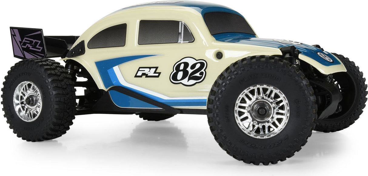 Class 1 VW Bug Blue Race Body Conversion Kit and Flat Iron M/T Tires Mounted 12mm Chrome Diablo (4) for ARRMA TYPHON GROM