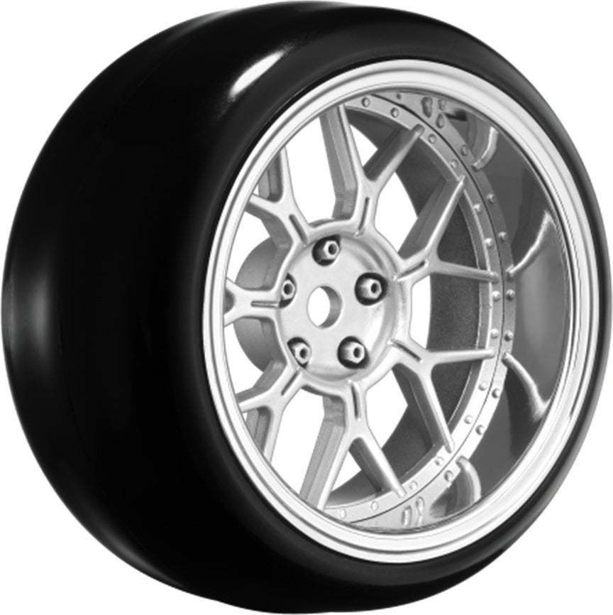 14 Spoke Matte Silver 1/10 Wheel Mounted Drift Tire, 2, 4