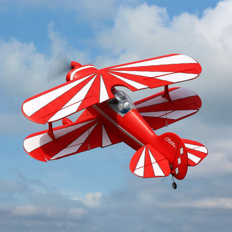 E-flite Pitts biplane in flight against blue sky — Airplanes at RC Hobby Pros