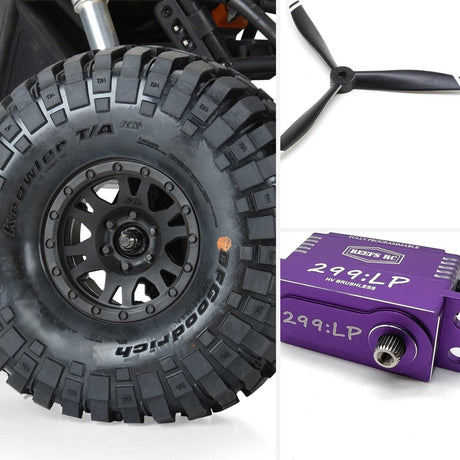 RC parts — Pro-Line crawler wheel, 3-blade propeller and a Reef's RC 299:LP servo