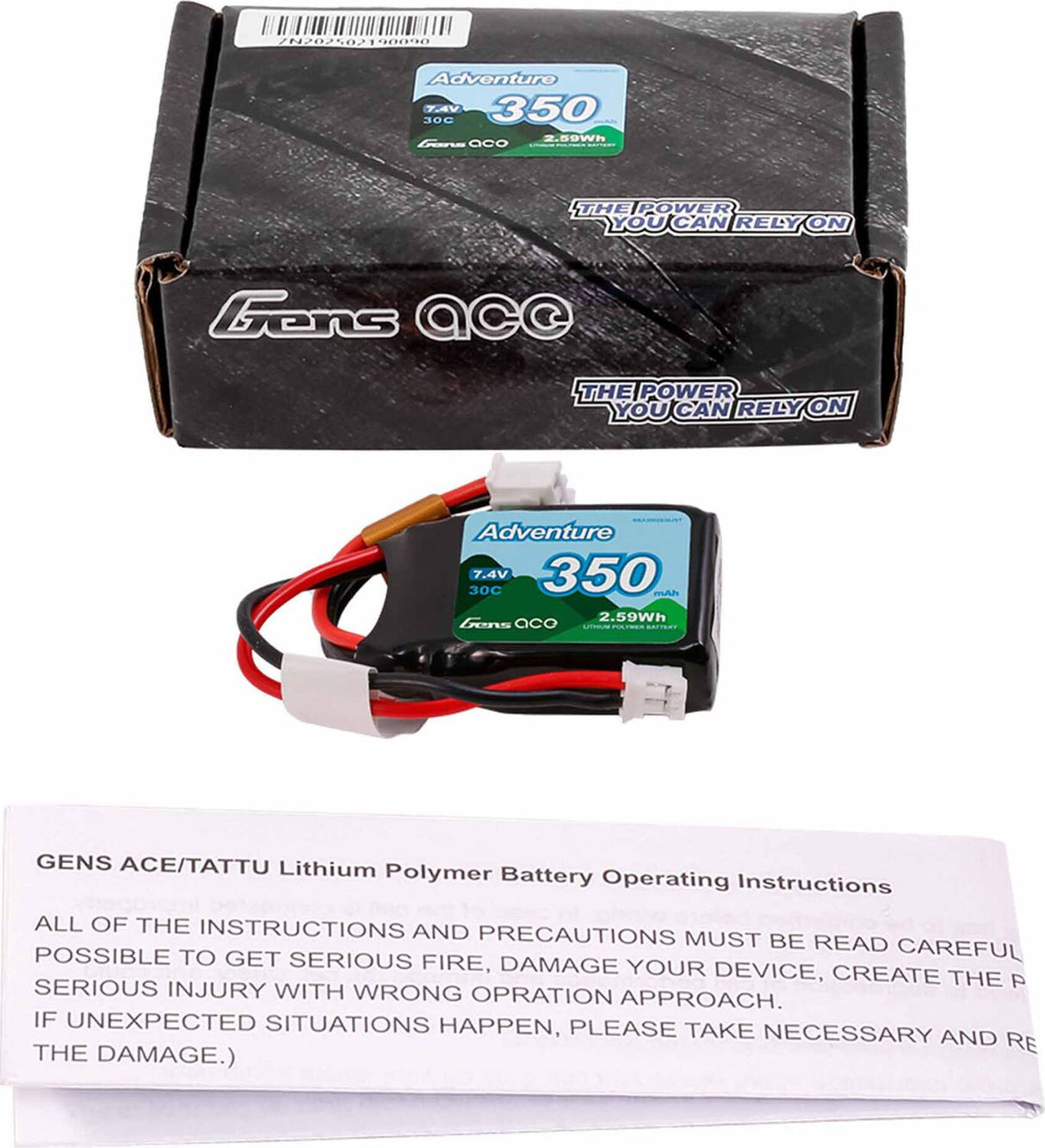 7.4V 350mAh 2S 30C LiPo Battery: JST