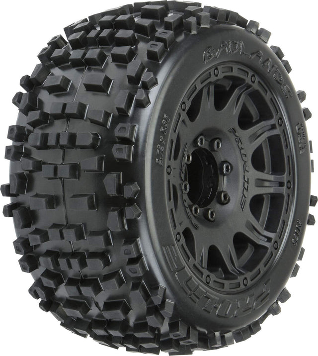 1/8 Badlands F/R 3.8" MT Tires Mounted 17mm Blk Raid (2)