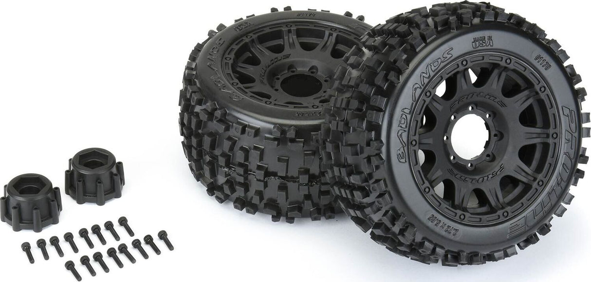 1/8 Badlands F/R 3.8" MT Tires Mounted 17mm Blk Raid (2)