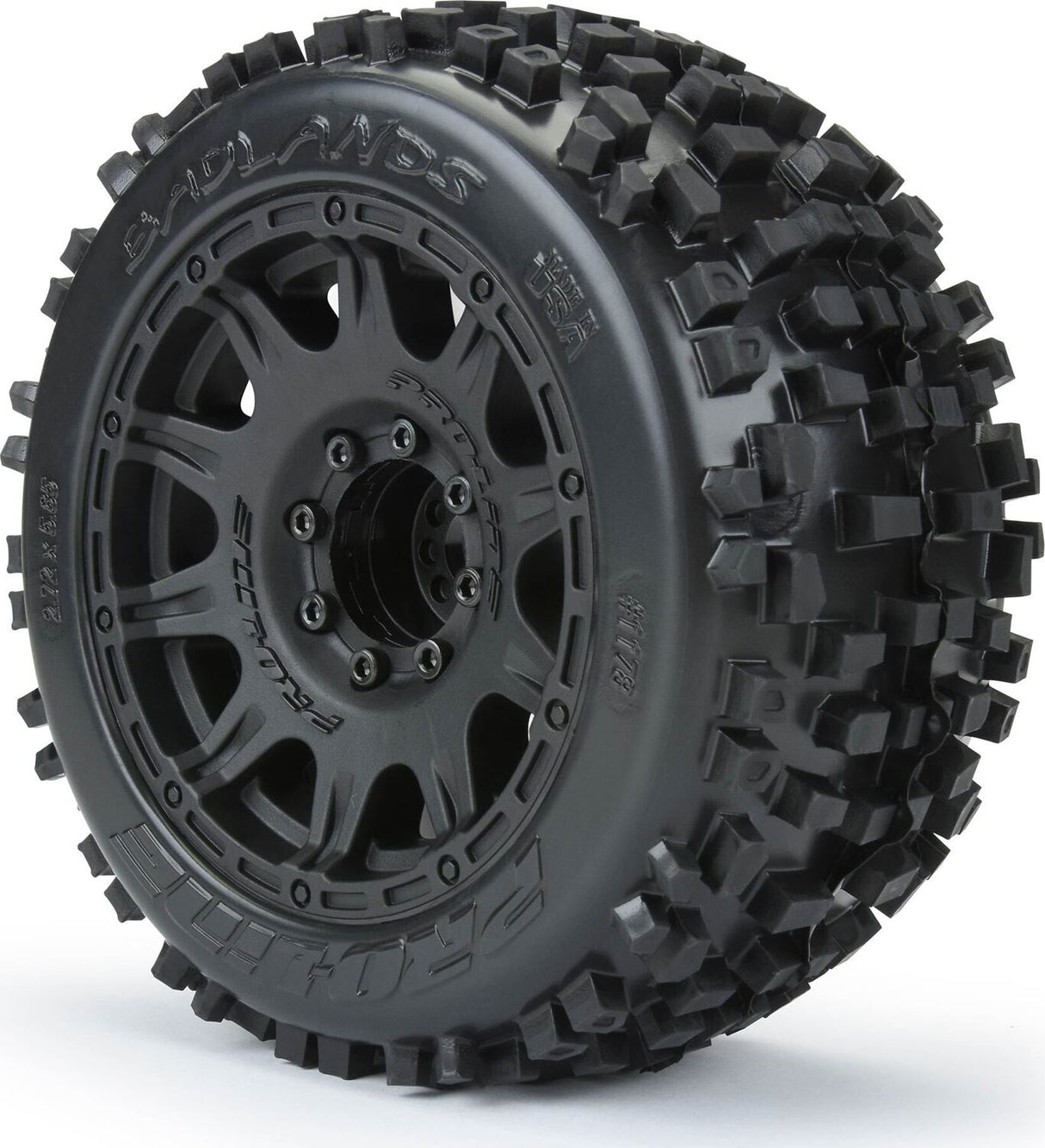 1/8 Badlands F/R 3.8" MT Tires Mounted 17mm Blk Raid (2)