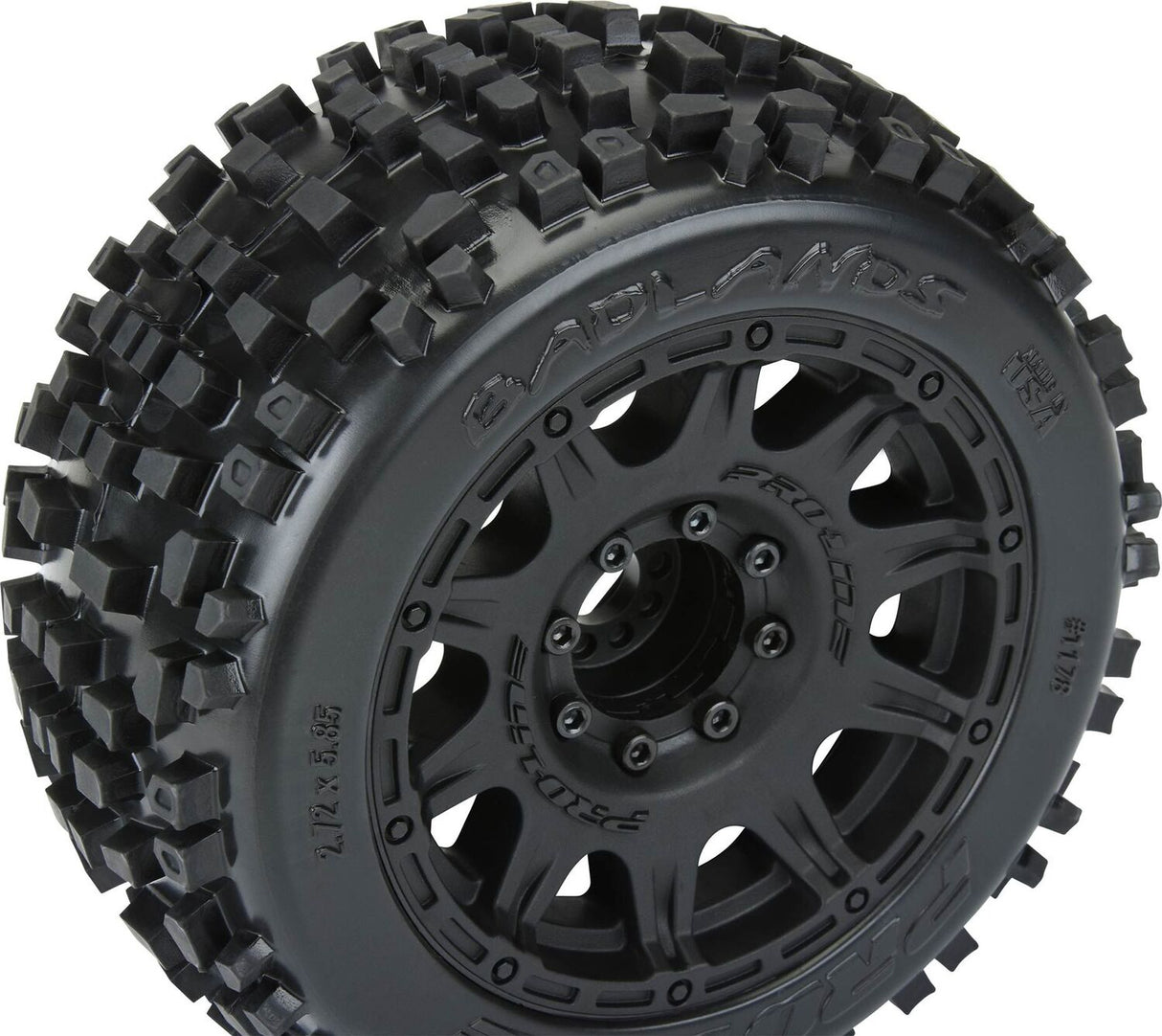 1/8 Badlands F/R 3.8" MT Tires Mounted 17mm Blk Raid (2)